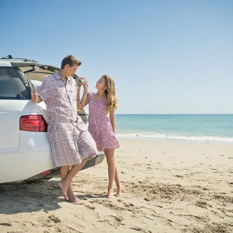 Affordable vacations designed for budget travelers Budget travelers enjoying a sunset beach road trip vacation